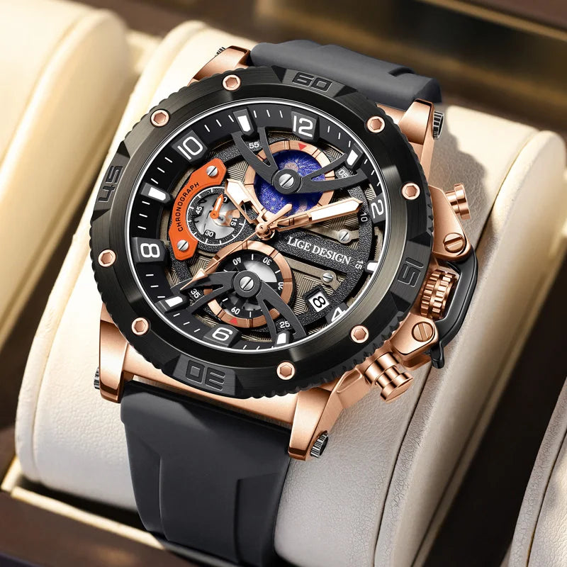 Reloj deportivo LIGE para hombre, de primera marca, de silicona, de lujo, con cronógrafo, esfera pequeña, función de cuarzo, resistente al agua, luminoso.