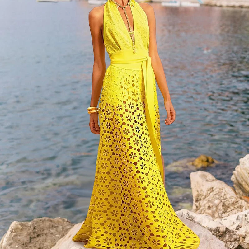 Sexy Deep V Neck Women Swimwear Yellow Color Laser Cutting Flower Hollow One Piece Swimsuit Women Backless Monokini Bathing Suit