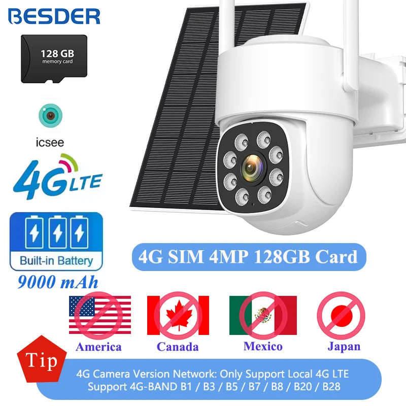 Cámara solar BESDER 4G con tarjeta SIM, 4MP, AOV, grabación de vídeo 24/7, batería de 9000mAh, detección humana, cámara IP de videovigilancia iCSee