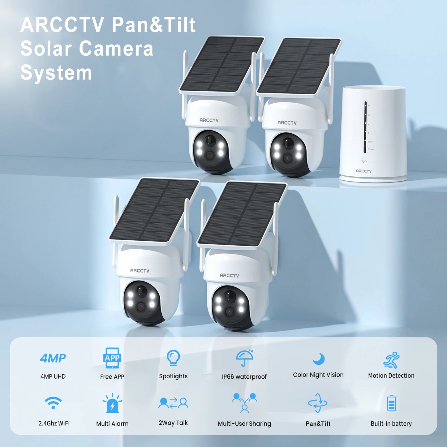 Kit de cámara solar WiFi ARCCTV de 4 MP para exteriores con sistema de vigilancia inalámbrico, sirena, detección de humanoides y audio bidireccional.