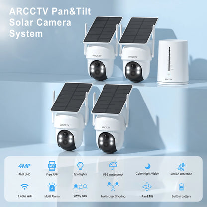 Kit de cámara solar WiFi ARCCTV de 4 MP para exteriores con sistema de vigilancia inalámbrico, sirena, detección de humanoides y audio bidireccional.