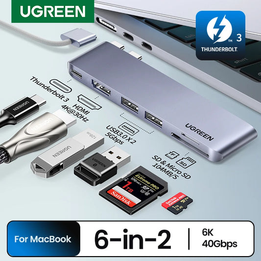 UGREEN Hub USB-C 6 en 2: Adaptador USB-C a Thunderbolt 3, HDMI 4K, SD y TF, USB 3.0 para MacBook Pro Air, estación de acoplamiento, divisor USB-C