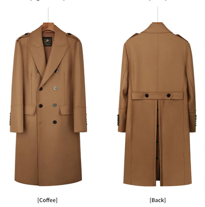 Worsted pure wool coat for men super long, knee length double breasted thickened and warm classic business wool coat for men