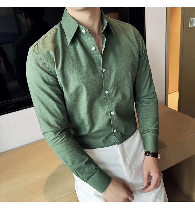 Camisa de hombre de color liso de alta calidad, 55 % algodón y 45 % lino, transpirable y con absorción de sudor, de manga larga. Tallas M-4XL.