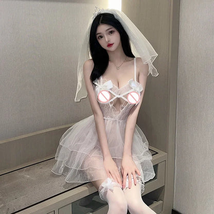 Sexy Bridal Lingerie Set See Through Mesh Babydoll Dress with Veil White Wedding Club Nightwear Cosplay Costume for Women Girls