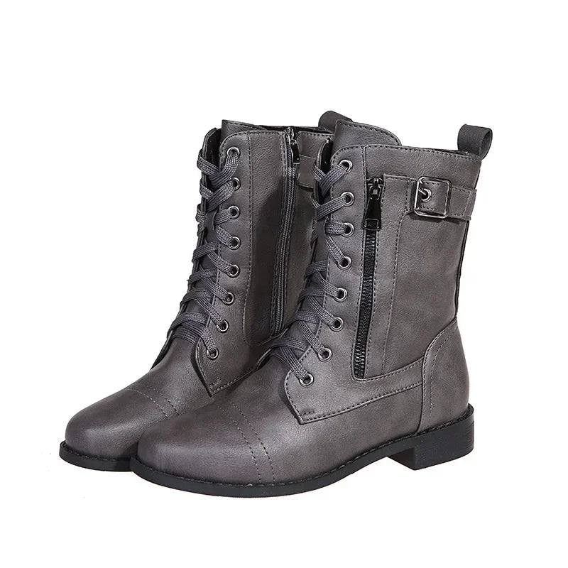Botines de tacón cuadrado para mujer, botas de trabajo cortas de piel sintética para otoño e invierno, botas elásticas con cordones de talla grande para mujer 2024