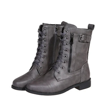 Botines de tacón cuadrado para mujer, botas de trabajo cortas de piel sintética para otoño e invierno, botas elásticas con cordones de talla grande para mujer 2024