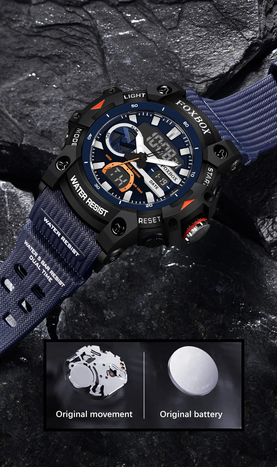 FOXBOX TOP Relojes para hombre, reloj de pulsera de cuarzo, resistente al agua, con pantalla de doble horario, reloj militar para hombre, reloj para hombre + CAJA