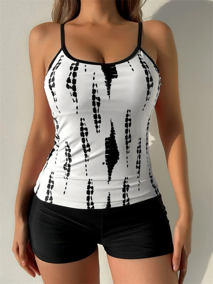 Traje de baño de dos piezas para mujer 2025, nuevo traje de baño liso con estampado de tirantes, tankini de verano, pantalones cortos tipo bóxer de cintura alta, traje de baño de playa para mujer