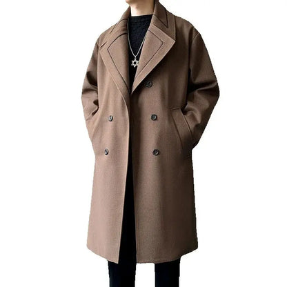 Trench Men Long Woolen Coats Autumn Winter Fashion Turn Down Collar Casual Outwear Male Double Breasted Loose Solid Chic Coat
