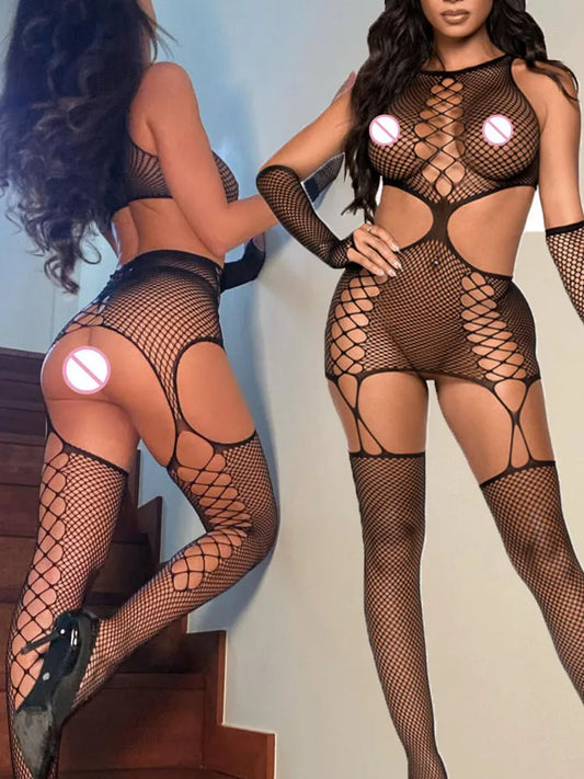 Body de encaje con entrepierna abierta para mujer, lencería sexy, medias de rejilla, ropa interior elegante, conjunto de ropa erótica, conjunto de sexo secreto, novedad.
