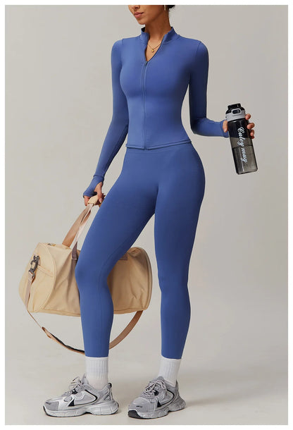 Conjunto deportivo de 2 piezas para mujer, chándal para correr, entrenamiento, con cremallera, pantalones cortos de manga larga, ropa de yoga, ropa deportiva