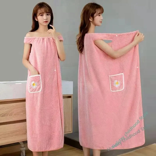 Toalla de baño para el hogar, para mujeres, usable, para adultos, absorbe el agua, algodón puro, para cabello seco, falda larga, estilo baño, bata de baño lavable