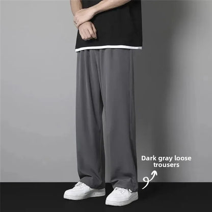 Pantalones de verano de seda de hielo para hombre, finos, holgados, de pierna recta, deportivos, de secado rápido, informales, de pierna ancha y largos, para estudiantes