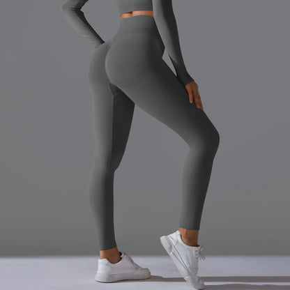 Leggings deportivos de yoga para mujer, sin costuras, cintura alta, elásticos, color sólido, para gimnasio, correr, secado rápido, realce y efecto moldeador.