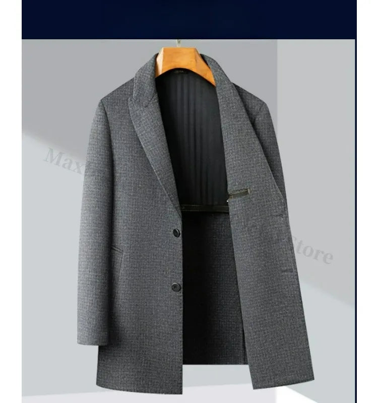 Abrigo de lana de doble faz para hombre, colección invierno 2025, estilo clásico informal de negocios, con solapa de muesca. Gabardina premium de largo medio.