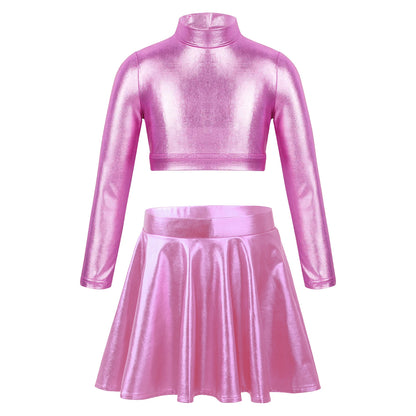 Ropa para niños, blusas sin mangas metálicas para niñas, minifalda plisada acampanada, conjunto de 2 piezas para niños, ropa de baile