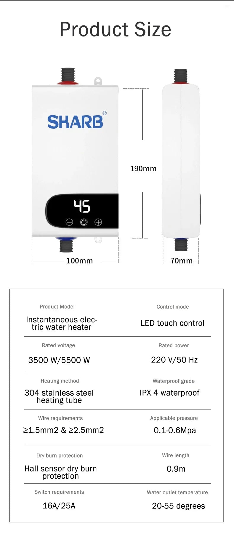 Calentador de agua eléctrico instantáneo sin tanque con temperatura constante y pantalla digital. Calentador de agua a demanda.