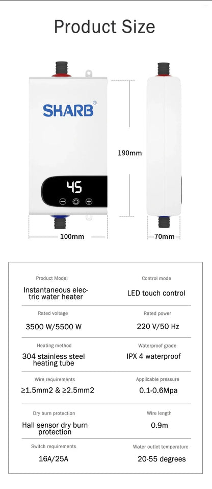 Calentador de agua eléctrico instantáneo sin tanque con temperatura constante y pantalla digital. Calentador de agua a demanda.