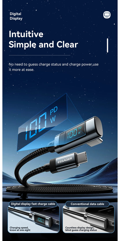 Cable USB C a tipo C Essager PD100W, cable de carga rápida con codo de 90 grados y pantalla para iPhone 15, Huawei, Samsung y MacBook Pro.