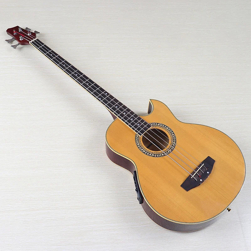 Bajo electroacústico de 43 pulgadas y 4 cuerdas, diseño de guitarra folk con cutaway, con funda y ecualizador.
