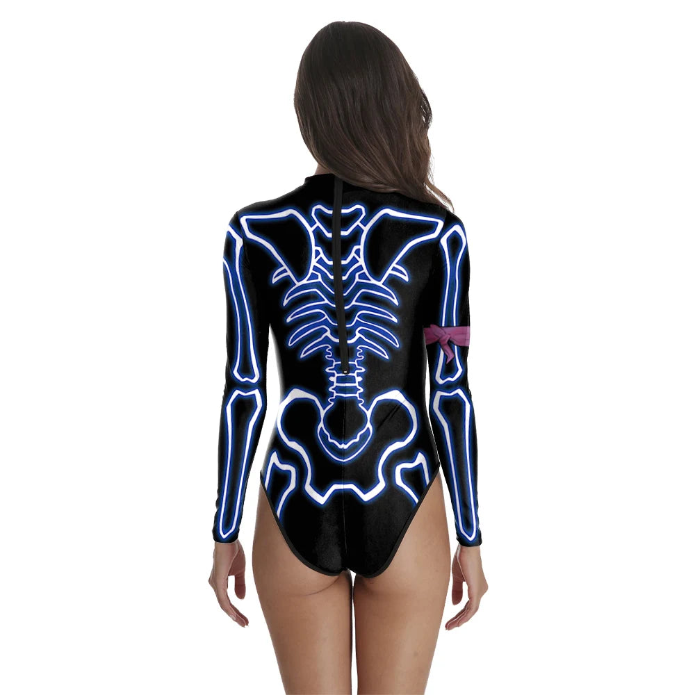 [You're My Secret] Halloween Costume Cosplay Skeleton Print Zenti Bodysuits Carnival Party Jumpsuit Outfit Women Day of The Dead