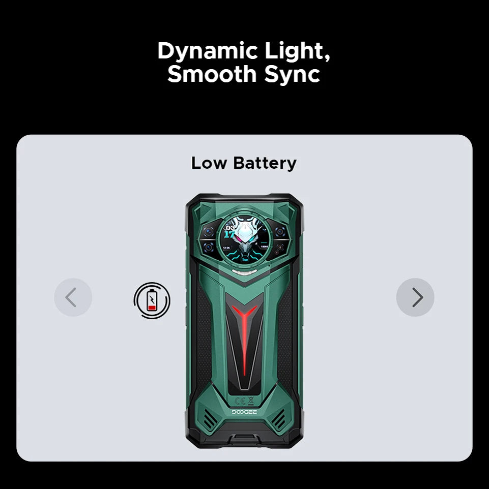 Teléfono resistente DOOGEE S200 Ultra 5G con IA, 48 GB + 1 TB, pantalla trasera de 1,34" con efecto de luz, procesador Dimensity 7400, batería de 11000 mAh, carga rápida de 66 W, NFC, WiFi 6E.