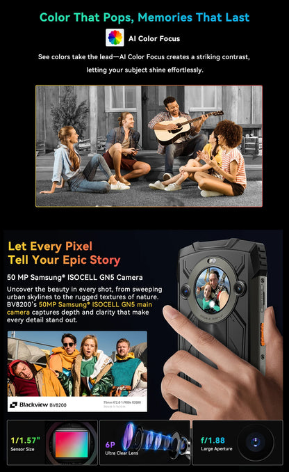 【Estreno mundial】Blackview BV8200 Teléfono resistente con pantalla de 6.5" 2.4K a 120Hz, procesador Helio G100, NFC, 12GB de RAM, 256GB de almacenamiento, Android 14 y cargador de 45W.