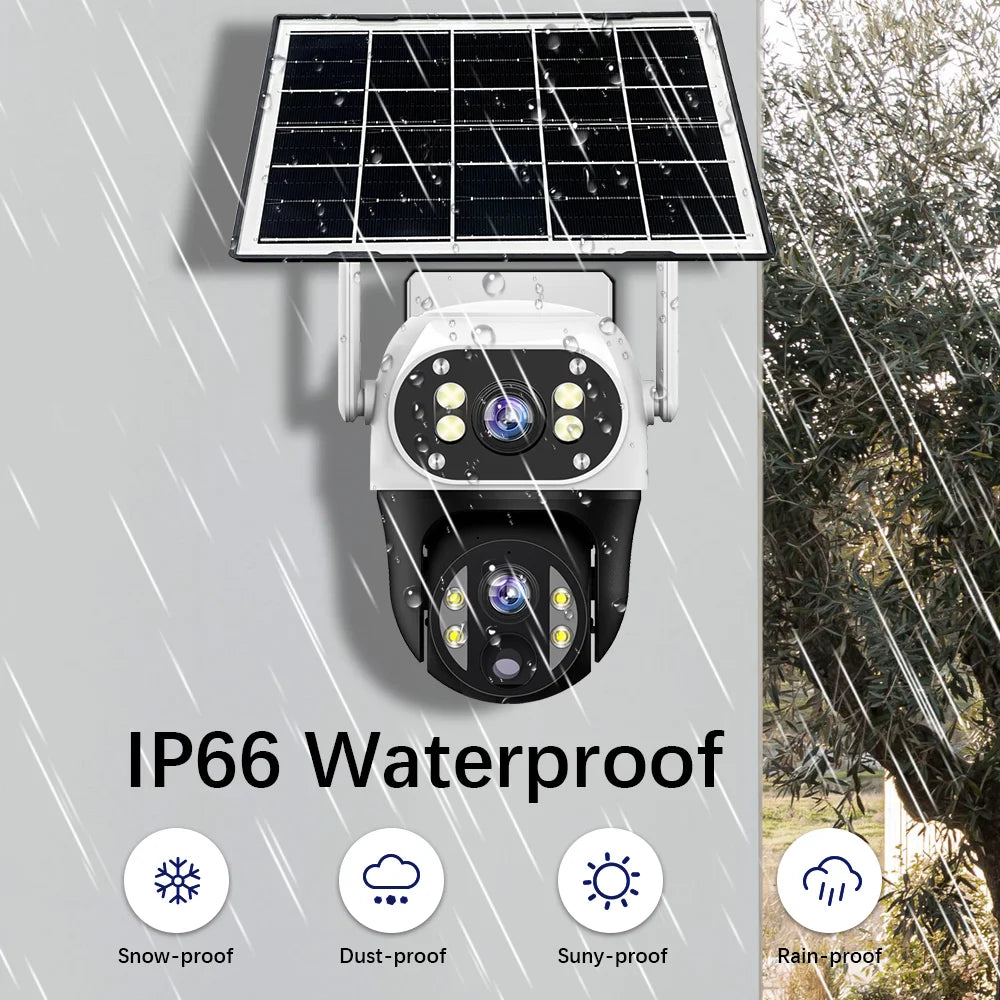 Cámara solar con tarjeta SIM 4G, lente dual de 12 MP, resistente al agua, para exteriores, CCTV, protección de seguridad V380 Pro, batería integrada.