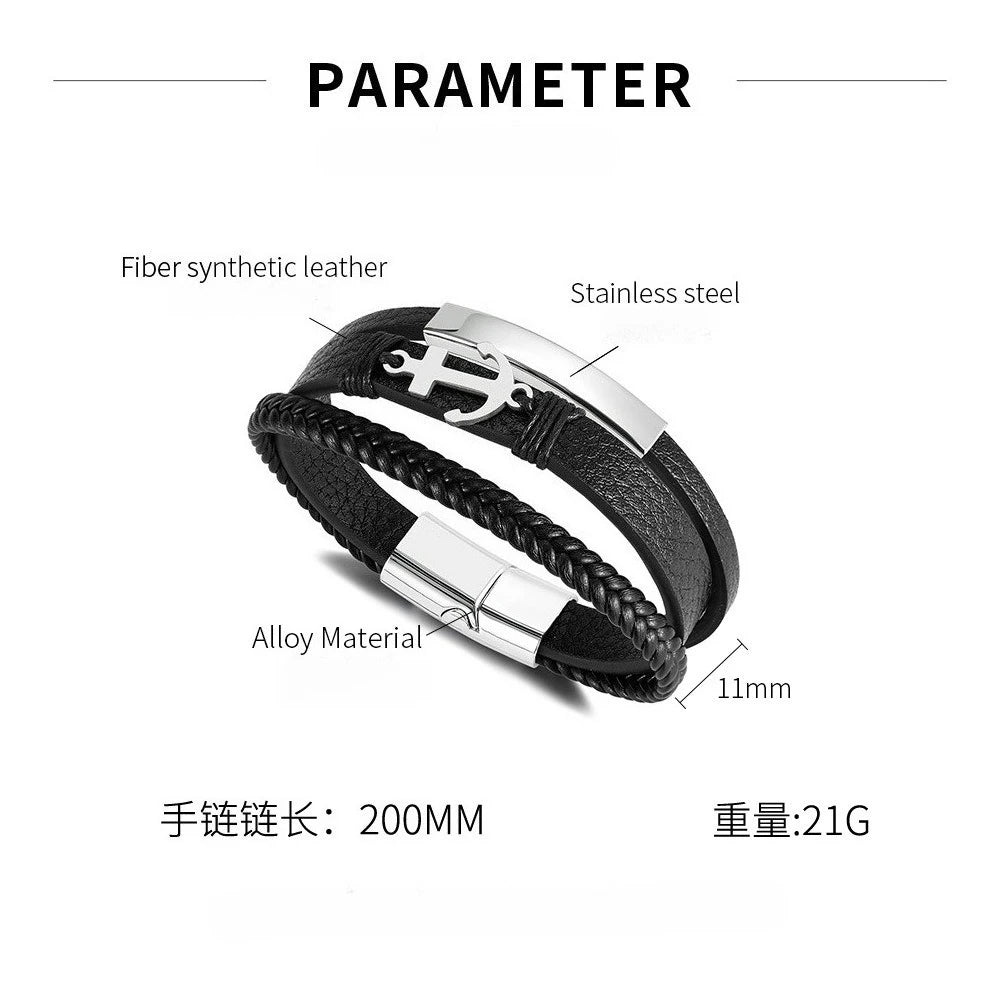 Pulsera de cuero para hombre. Pulsera de cuero trenzado multicapa versátil con forma de ancla retro, adecuada para regalos de hombre.