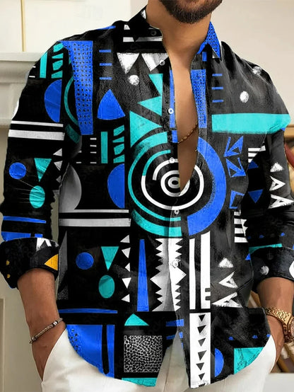 Camisa retro floral para hombre, manga larga, solapa, botonadura sencilla, tejido suave y cómodo para fiestas sociales elegantes y a la moda.