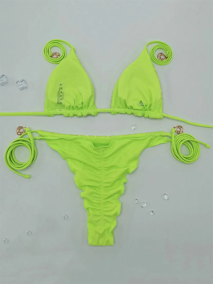 Bikini unicolor con purpurina, bañador sexy con cuello halter, traje de baño para mujer, conjunto de bikini con lentejuelas brillantes, ropa de playa, bikini brasileño