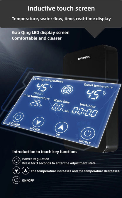 Calentador de agua eléctrico pequeño HYUNDAI con calentamiento rápido e instantáneo, temperatura constante inteligente y pantalla en inglés para ducha o baño.