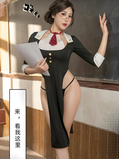 Porno Role Playing Teacher Uniform Temptation Halter Dress Sexy Lingerie Temptation High Waist Side Slit Cosplay Costumes 2025