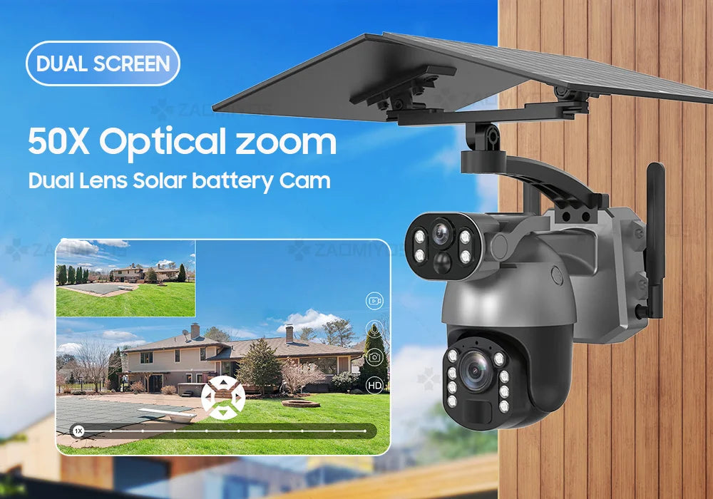 Cámara de seguridad exterior con zoom óptico de 10 MP y 50x, doble lente, SIM 4G, energía solar, Wi-Fi, PTZ, detección humana, grabación y visión nocturna. 10 MP, zoom óptico de 50x, doble lente, 4G, SIM, solar.