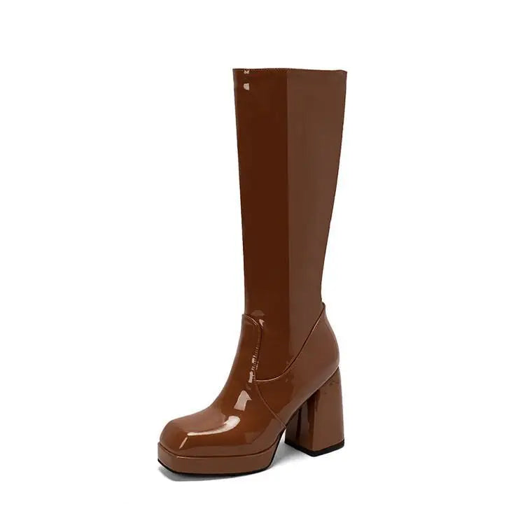 Botas altas impermeables para mujer, con plataforma de 10 cm y punta cuadrada, botines de invierno 2025 hasta la rodilla con tacón grueso, talla grande 43