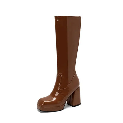 Botas altas impermeables para mujer, con plataforma de 10 cm y punta cuadrada, botines de invierno 2025 hasta la rodilla con tacón grueso, talla grande 43