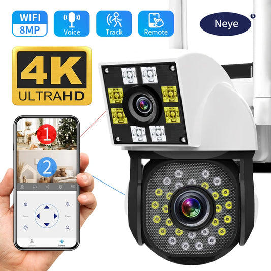Cámara inalámbrica Neye 4K/8MP WiFi 1080P con doble lente y pantalla dual para exteriores, cámara IP para el hogar, cámara de seguridad CCTV con doble lente