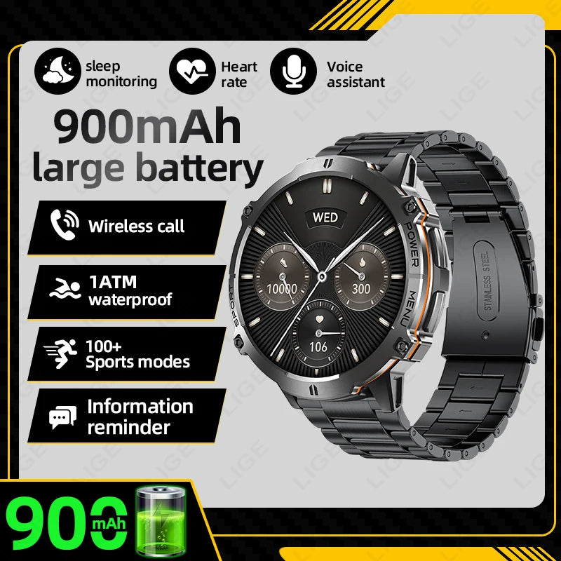 Reloj inteligente LIGE para hombre, con batería de 900 mAh, Bluetooth, llamadas, frecuencia cardíaca, oxígeno en sangre, brújula, monitor de salud, resistente al agua