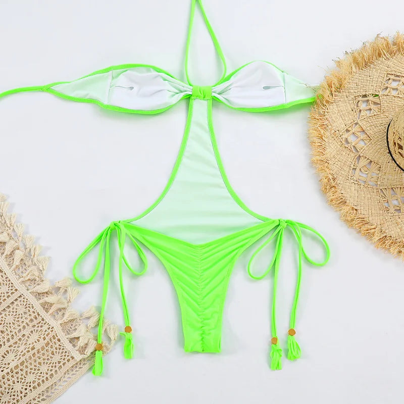 Traje de baño de una pieza con cuello halter para mujer, bañador sexy con cordones y push up, conjuntos de bikini lisos 2023, ropa de playa, monokini