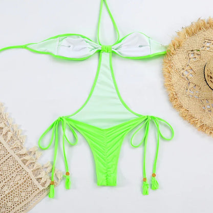 Traje de baño de una pieza con cuello halter para mujer, bañador sexy con cordones y push up, conjuntos de bikini lisos 2023, ropa de playa, monokini