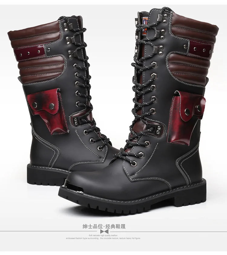 Botas altas de cuero para hombre, estilo motero, de invierno, estilo gótico punk, para hombre, estilo militar informal, para uso exterior.