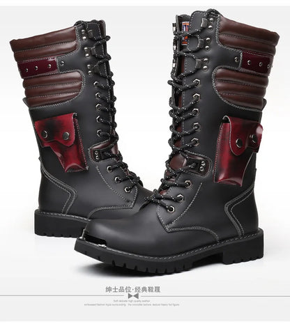 Botas altas de cuero para hombre, estilo motero, de invierno, estilo gótico punk, para hombre, estilo militar informal, para uso exterior.