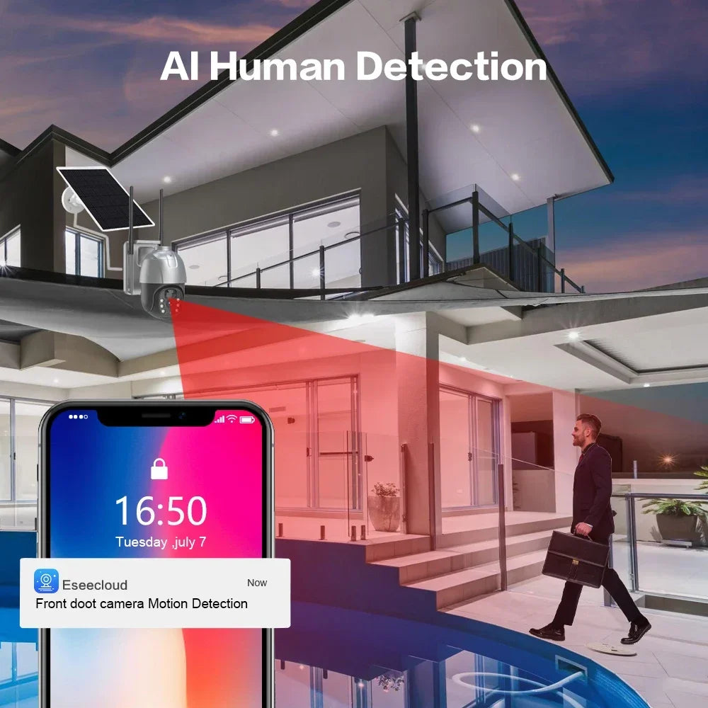 Cámara IP PTZ solar EseeCloud de 5 MP con WiFi, batería integrada, detección PIR, videovigilancia y audio bidireccional para seguridad exterior.