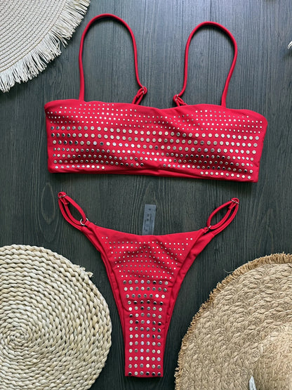 Bikini de diamantes 2025, bañador sexy para mujer, bikini bandeau con efecto push up, bañador femenino brillante, traje de baño floral, ropa de playa