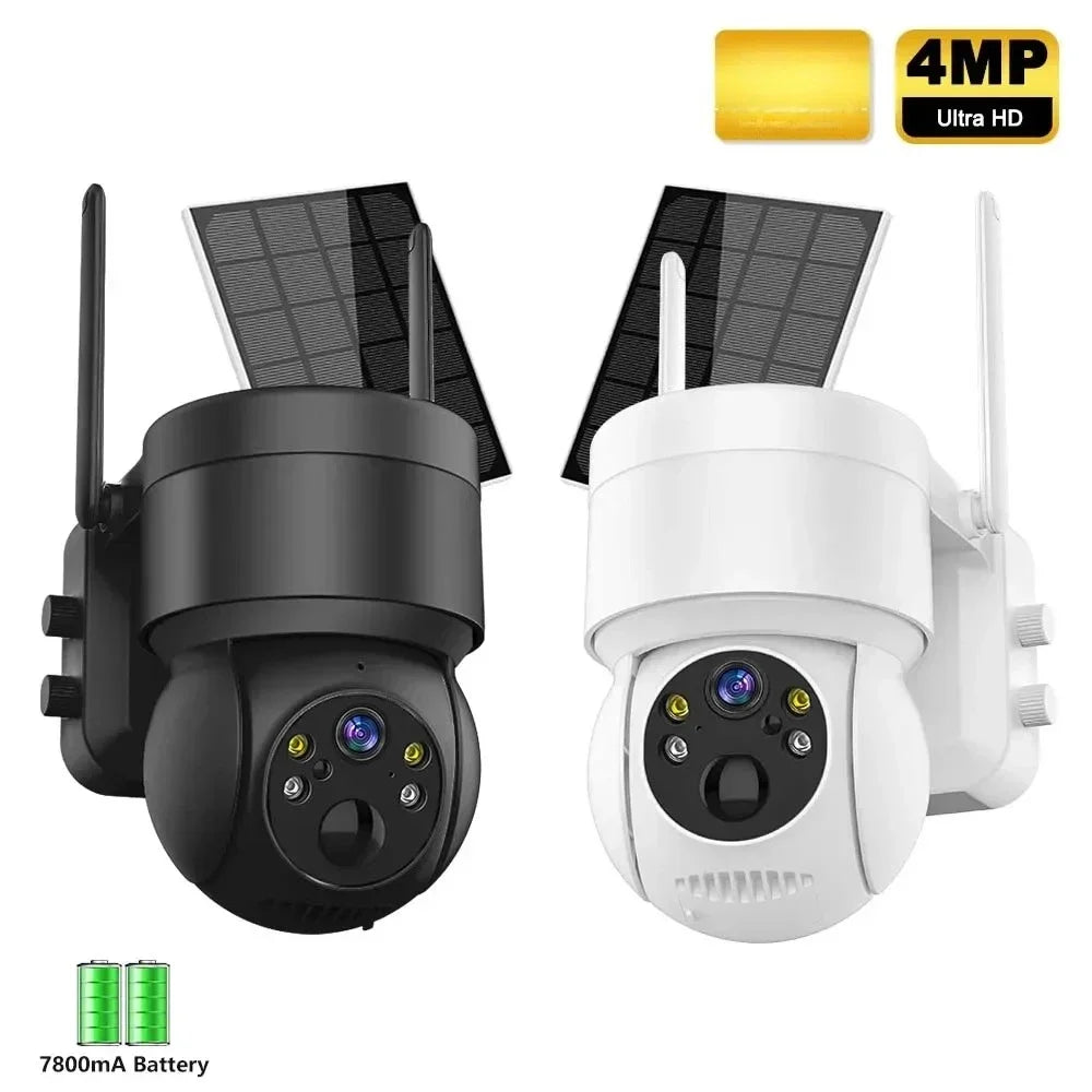 Cámara de seguridad exterior inalámbrica IP de 4 MP con alimentación solar, WiFi, batería de 7800 mAh, detección humana PIR y visión nocturna.