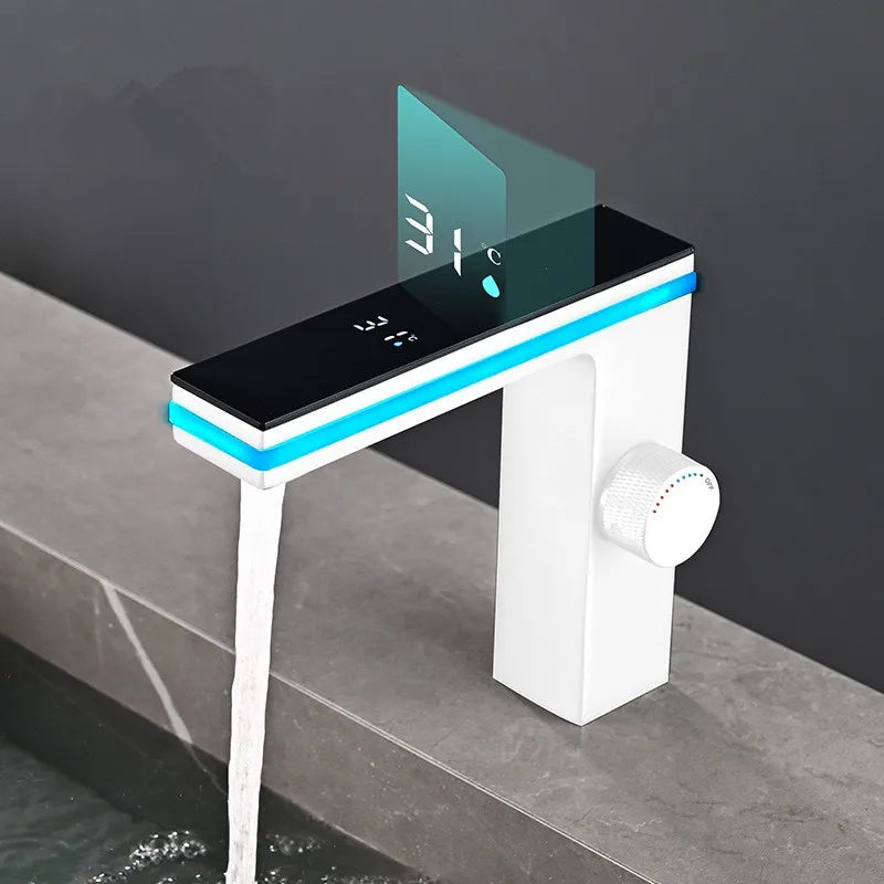 Grifo de lavabo con pantalla digital, LED inteligente, lavabo de latón para montaje en encimera, mezclador de agua fría y caliente Crane, grifo para tocador