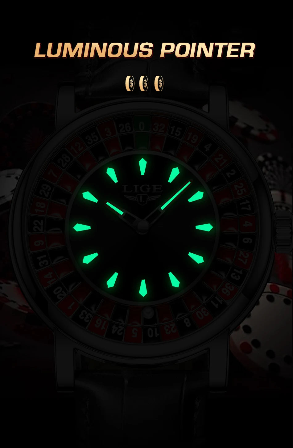 Reloj de Cuarzo LIGE para Hombre, Moda, Lujo, Diseño Creativo de Ruleta, Esfera de Juego, Correa de Cuero, Casual, Resistente al Agua, Regalo + Caja