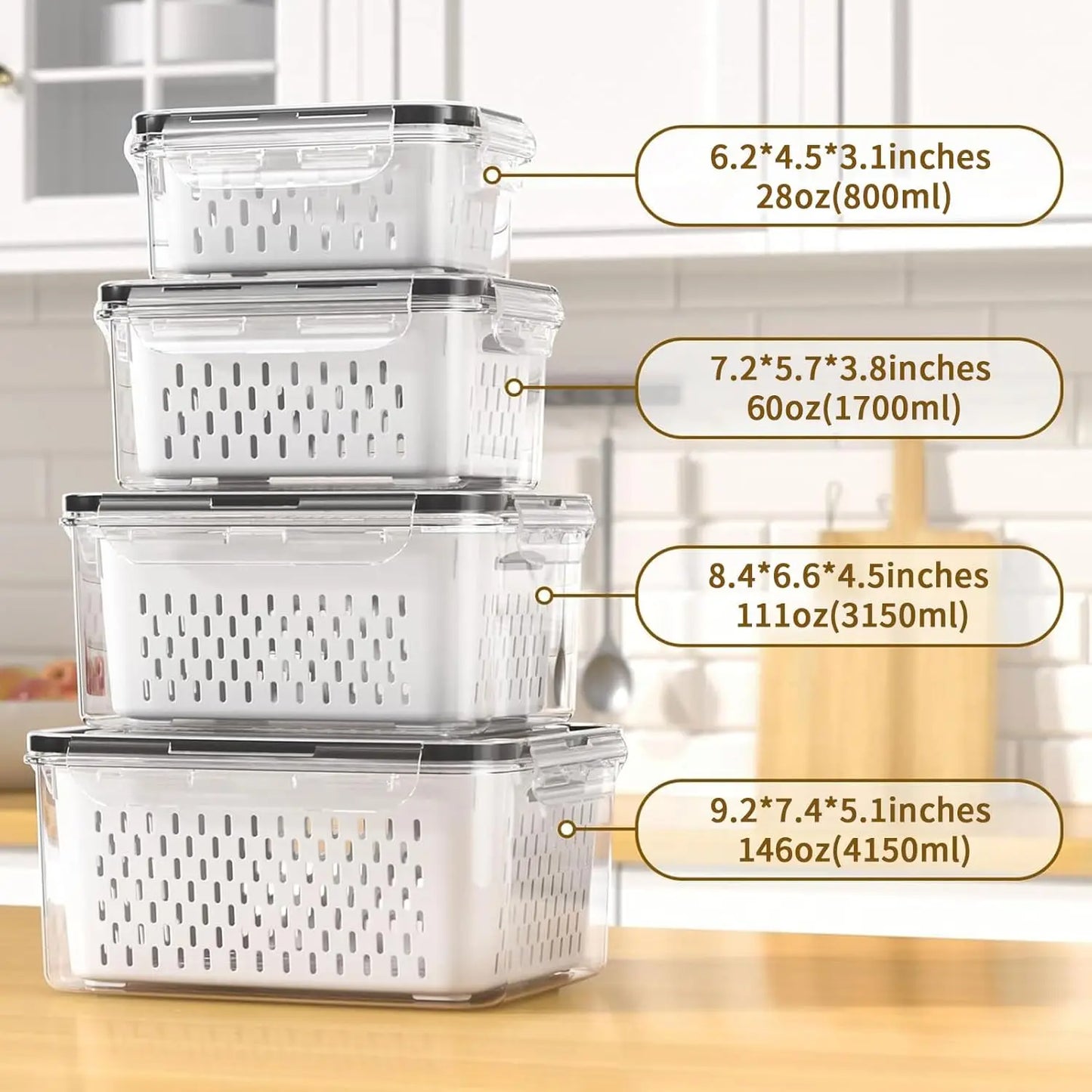 Juego de contenedores de almacenamiento de alimentos para refrigerador con tapas y colador, organizador de plástico para productos frescos, verduras, frutas y carne.