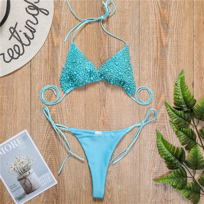 Bikini de lujo con perlas y escote halter, mini bikinis, micro bikinis, traje de baño femenino, conjunto de bikini de dos piezas, traje de baño para mujer